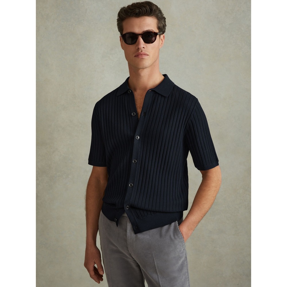 Reiss Murray Textured Knitted Shirt Navy Blue Ribbed Button Front Polo Small New